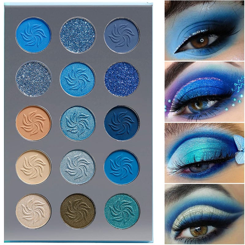 Afflano Blue Eyeshadow Palette Matte Shimmer, Highly Pigmented Waterproof Space Blue Eye Shadow Palette, Silver Navy Glitter Eyeshadow Pallet for Christmas Snowflake blue Eyes Makeup - Image 3
